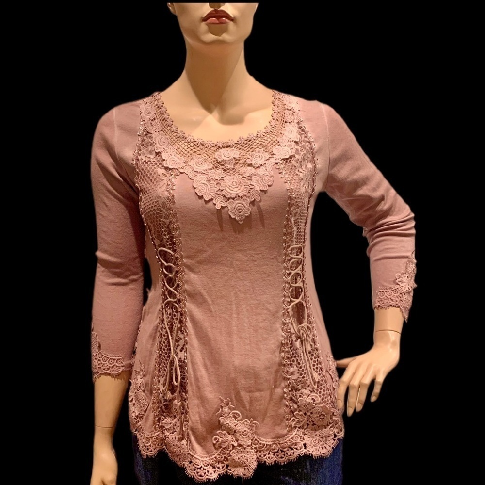 Renaissance Style Top Sz XL Festival Blush Nude Color Crocheted Long Sleeves NEW - Picture 5 of 14
